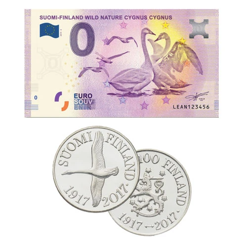 Laulujoutsenaiheinen nollan euron matkamuistoseteli ja mitali