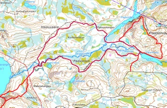 Mapa topográfico con senderos de excursión marcados en rojo
