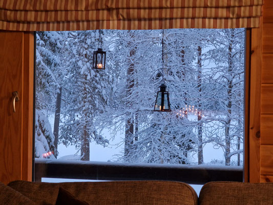View through a wooden window towards snowy woodland