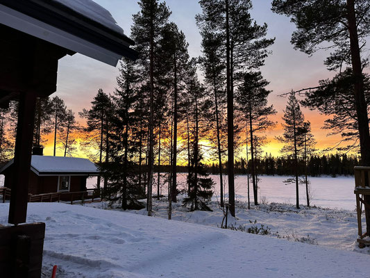 Wooden terrace overlooking a winter sunset