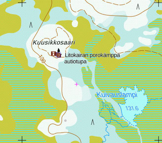 Fragmento de mapa con una cabaña y un lago señalados
