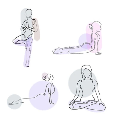 Ilustraciones de cuatro posturas distintas de yoga suave