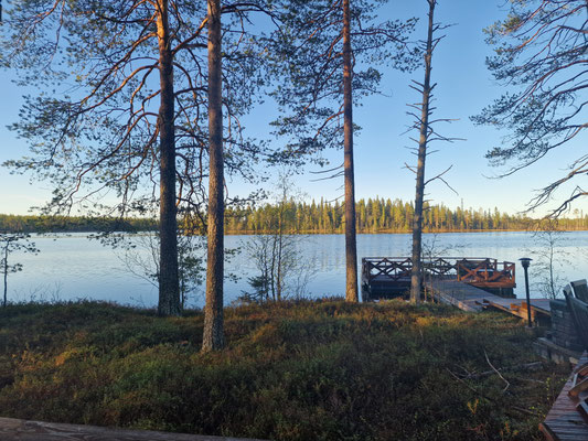 Vue entre les arbres vers le lac et le ponton