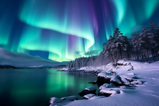 Aurora boreal verde sobre el agua y la orilla nevada