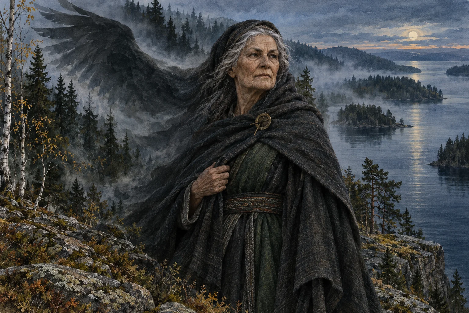 Mystische Illustration von Louhi als älterer Frau im dunklen Mantel vor einer nebligen Wald- und Seenlandschaft; hinter ihr erscheint ein Adlerflügel.