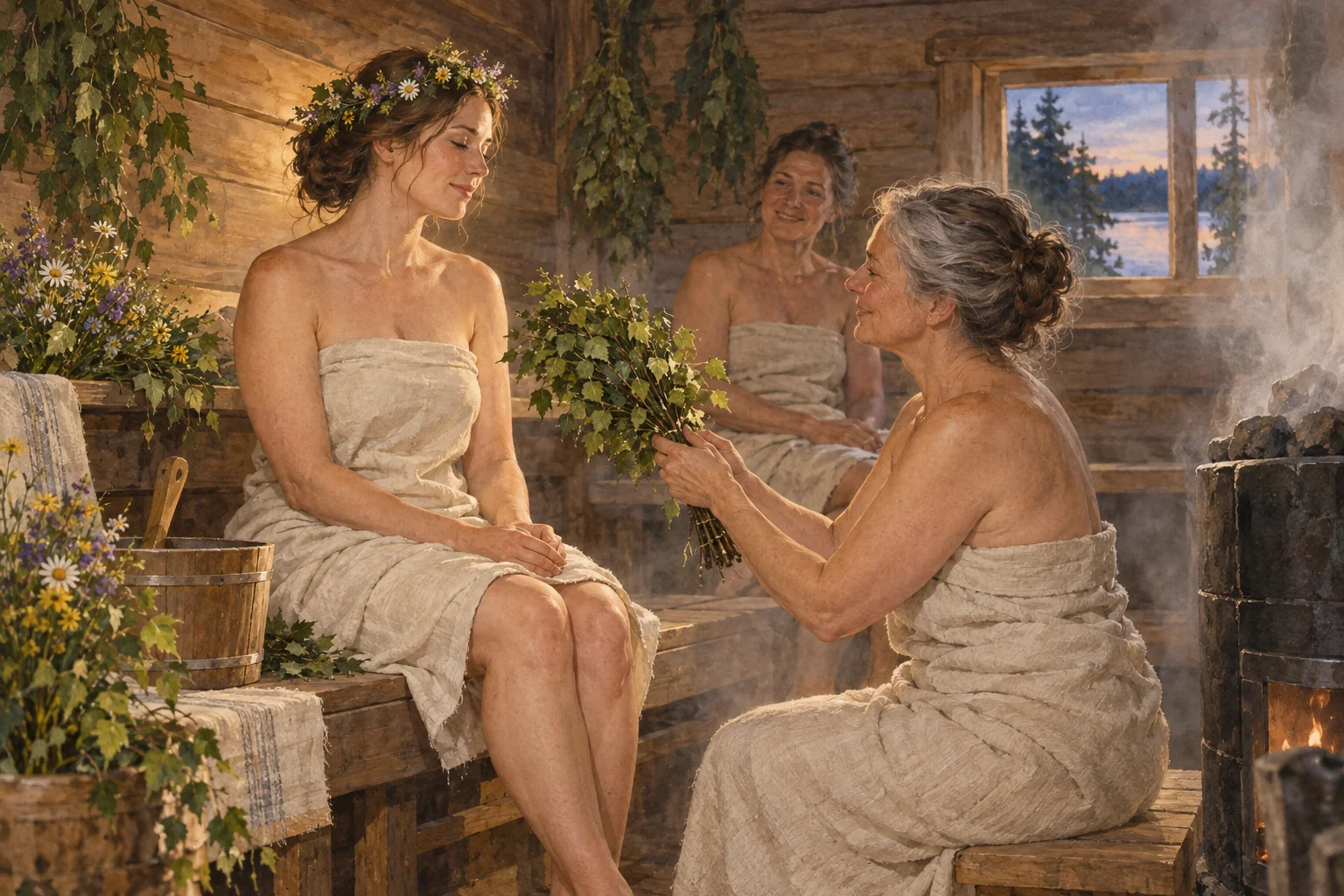 Illustration einer Braut mit Blumenkranz in einer mit Birkenzweigen geschmückten Sauna, begleitet von zwei Frauen; eine reicht ihr einen Birkenbesen.