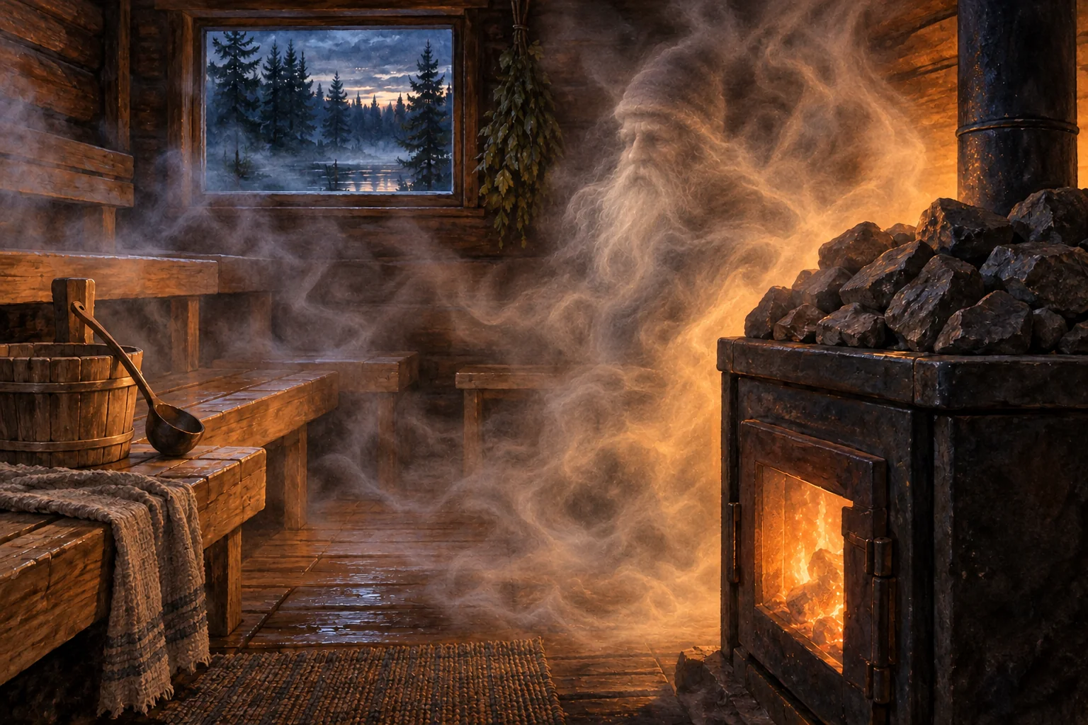 Mystische Holzsauna im warmen Ofenlicht, in deren aufsteigendem Dampf das Gesicht eines bärtigen Saunageistes erahnbar ist.