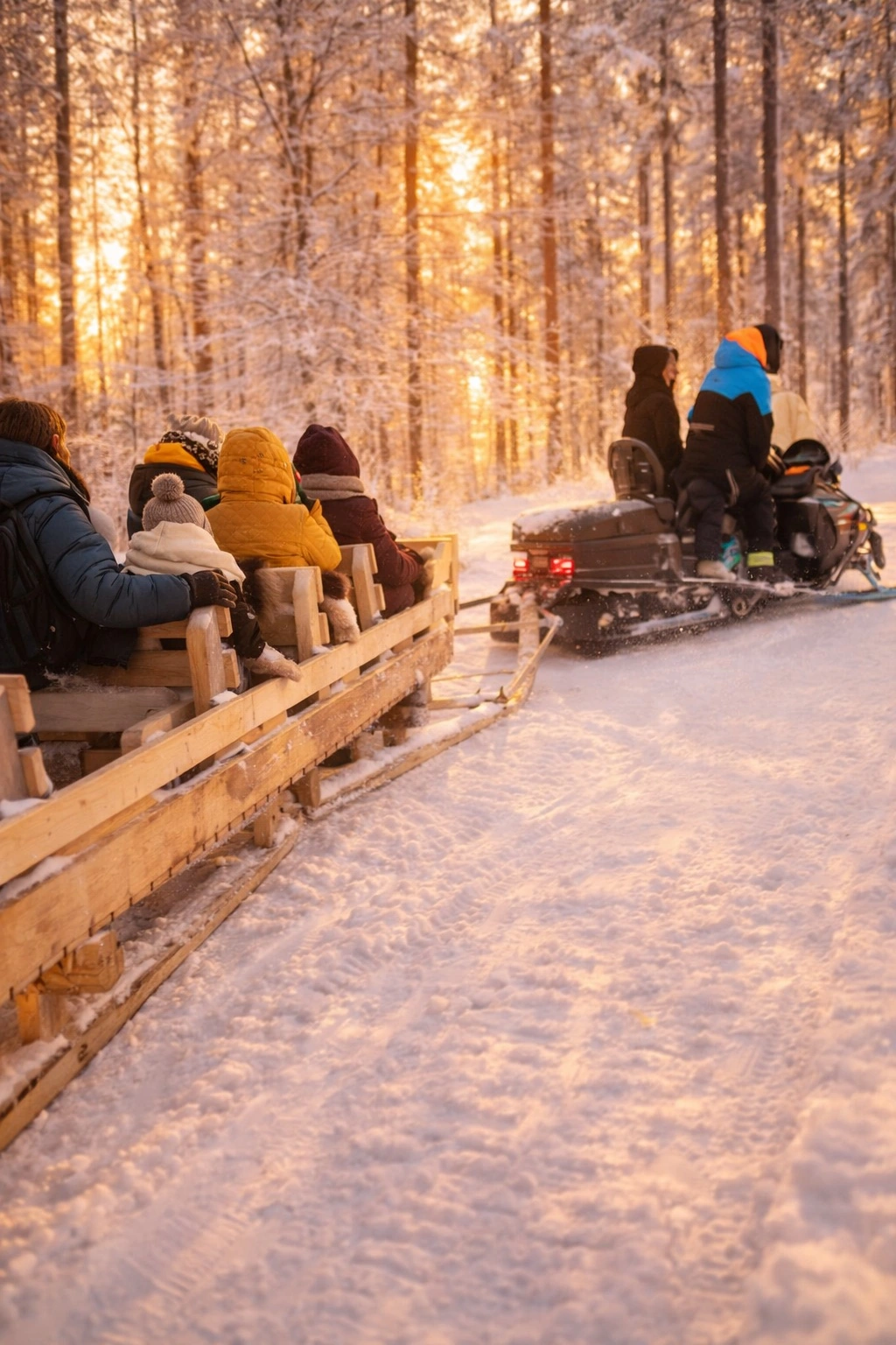 Schlittenfahrt durch einen verschneiten Wald im goldenen Licht