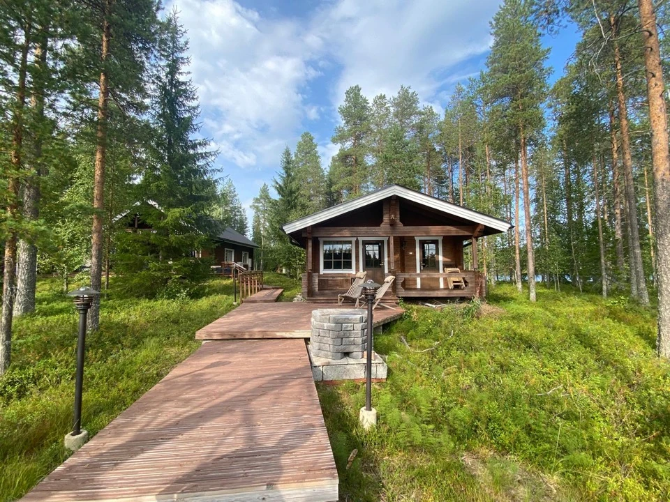 Holzweg zum Saunahaus zwischen Birken